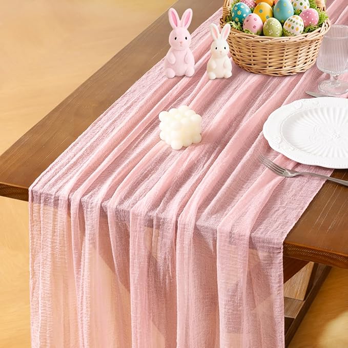 Socomi Pink Gauze Easter Spring Cheesecloth Table Runner Blush 120 Inch Rustic Boho Cheese Cloth Runner for Wedding Party Baby Bridal Shower Centerpiece Decoration Holiday Home Decorations