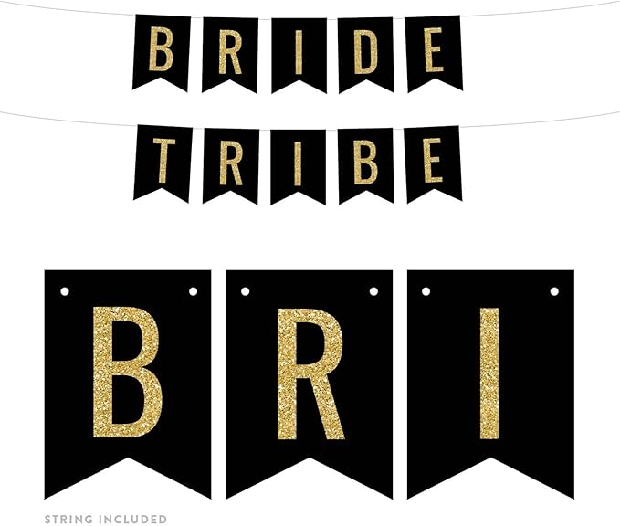 Andaz Press Faux Gold Glitter on Black Bridal Shower Bachelorette Party Banner Decorations, Bride Tribe, Approx 5-Feet, 1-Set, Colored Hanging Pennant Decor