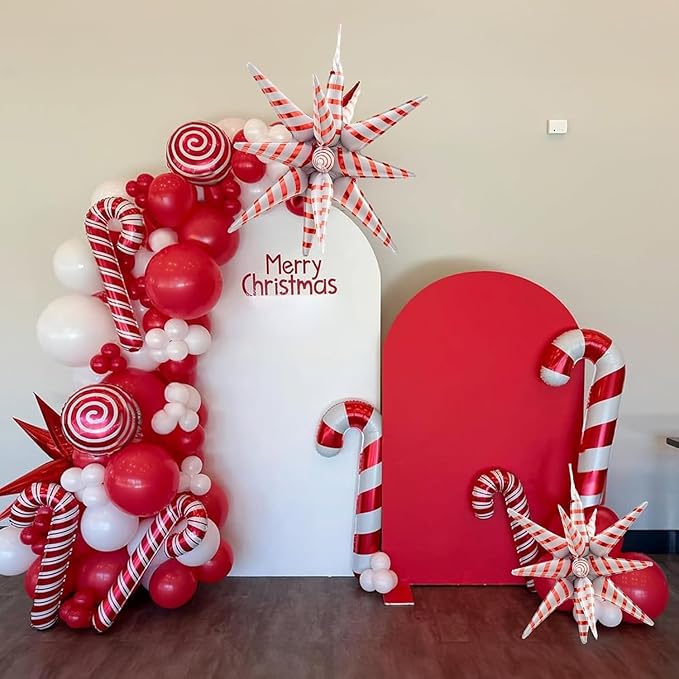 Christmas Balloon Garland, Red White Xmas Balloons Arch Kit with Foil Candy Cane Lollipop Balloons and Red White Star Mylar Balloon for Merry Christmas Party New Year Holiday Birthday Decorations
