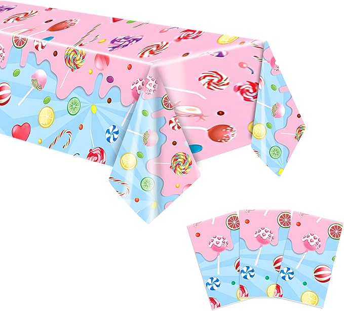 Sweet Candyland Tablecloth, 3Pcs Candies Theme Tablecloth, Colorful Lollipop Tablecovers for Girls Party Candy Land Christmas Party Decoration