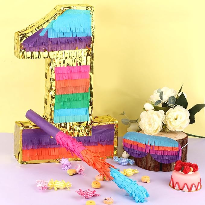 Rainbow Number 1 Pinata Birthday Decorations for Kids, Rainbow Pinata with Bat Stick Blindfold for Boys Girls Birthday Celebrations Baby Shower Party Supplies (16.1x10.6x2.9 Inches)
