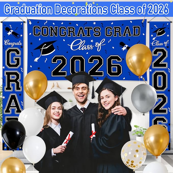 WOHOHOHO 23Pcs Graduation Decorations 2026 Set, Blue Porch Door Sign GRAD Banner, Class of 2026 Backdrop, 5 Colors Large Balloons, Hanging Party Supplies for High School College Indoor Outdoor Decor