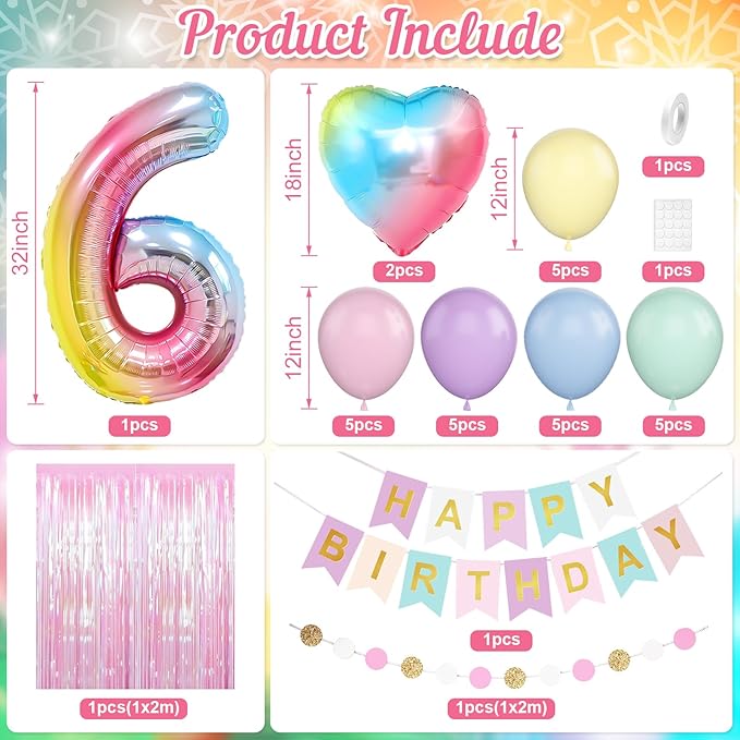 6th Birthday Decorations Rainbow,Gradient Number 6 Balloon,Pastel Happy Birthday Banner Fringe Curtain Heart Foil Balloons Boys Girls 6 Year Old Decor
