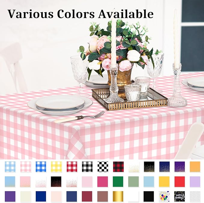 12 Pcs Pink Gingham Tablecloth 54 × 108 Inches Pink and White Checkered Table Cloth Disposable Plastic Waterproof Tablecover for Outdoor Picnic, Birthday Party, Holiday Dinner
