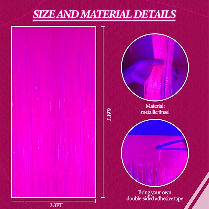 2 Pack Foil Fringe Backdrop - Fluorescent Rose Red Shiny Tinsel Curtains for Party Decoration/Photo Booth Props - 3.3x6.6 FT Metallic Foil Backdrop for Birthday/Wedding/Graduation/Christmas