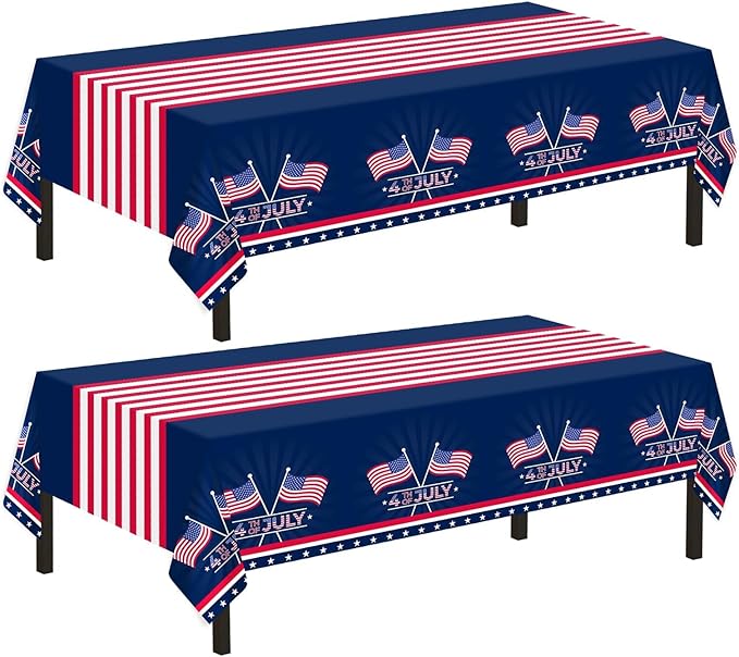 Childom 2 Pack Patriotic Tablecloth,Patriotic Decorations 54" x 108" Disposable American Flag Tablecloth,Plastic Table Cover for Veterans Day Decorations,Fourth of July,Camping,Picnic,Party Supplies