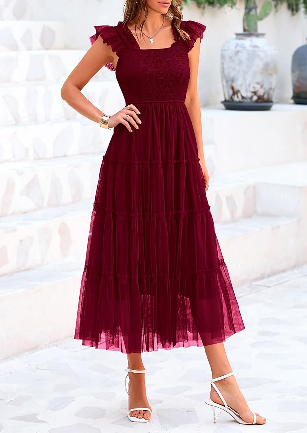 PRETTYGARDEN Women's Summer Tulle Midi Dress Sleeveless Smocked Ruffle Flowy Mesh Dresses Party Wedding Guest Sundress