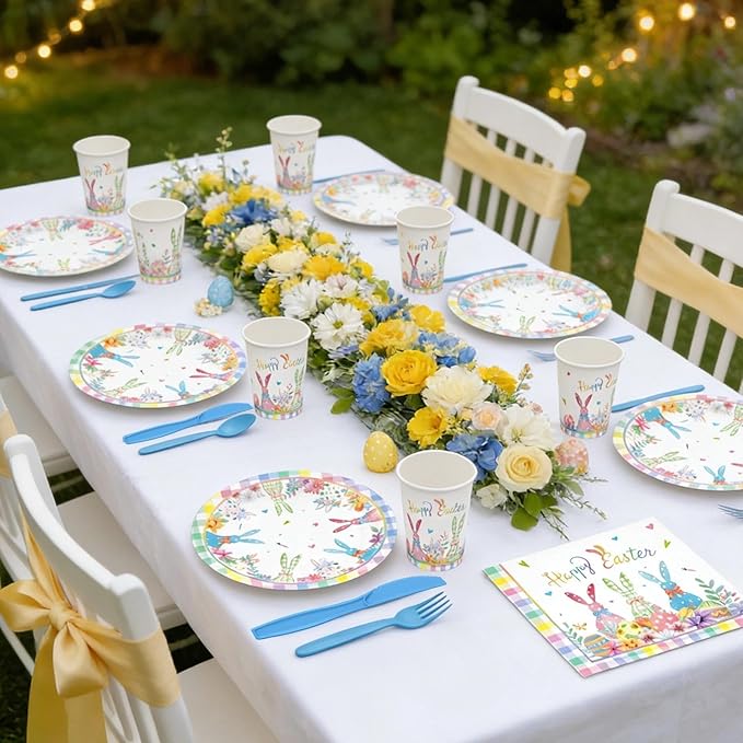 112PCS Happy Easter Plates and Napkins Forks Sets - Disposable Spring Flowers Paper Plates Set Colorful Eggs Themed Round Tableware for Easter Party Supplies Favors Table Decor(Serves 16)