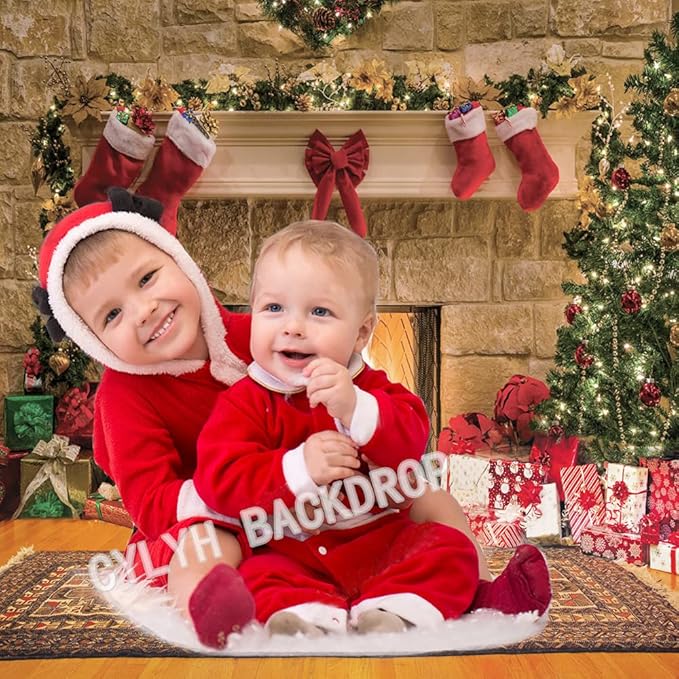 CYLYH 12x10ft Christmas Backdrops Christmas Fireplace Theme Backdrop Tree Sock Decorations for Xmas Party Supplies Photo Background Pictures Banner