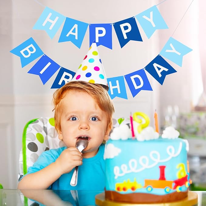 Happy Birthday Banner, Blue Colors Birthday Party Banner Assembled Garland Bunting Flags Women Men Girl Boy Party Hanging Decorations Indoor/Outdoor Supplies