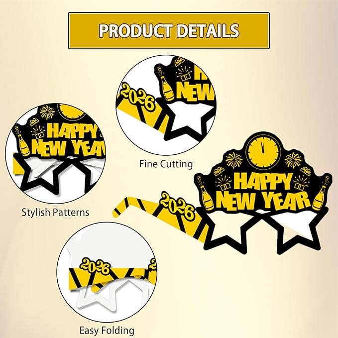 16PCS Happy New Year Glasses, New Year Paper Eyeglasses Photo Booth Props for 2026 New Year's Eve Party Supplies Decorations