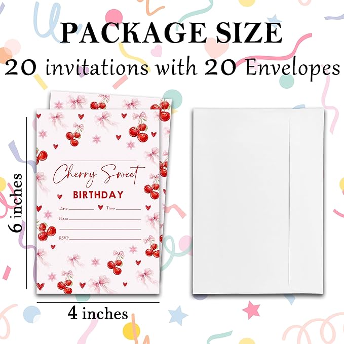 Cherry Sweet Birthday Party Invitations - 20-Pack of 4''x6'' Cherry & Bow Invite Cards with Envelopes, Double-Sided Fill In Birthday Party Celebrate Supplies & Decoration For Girls Women Teens - A02