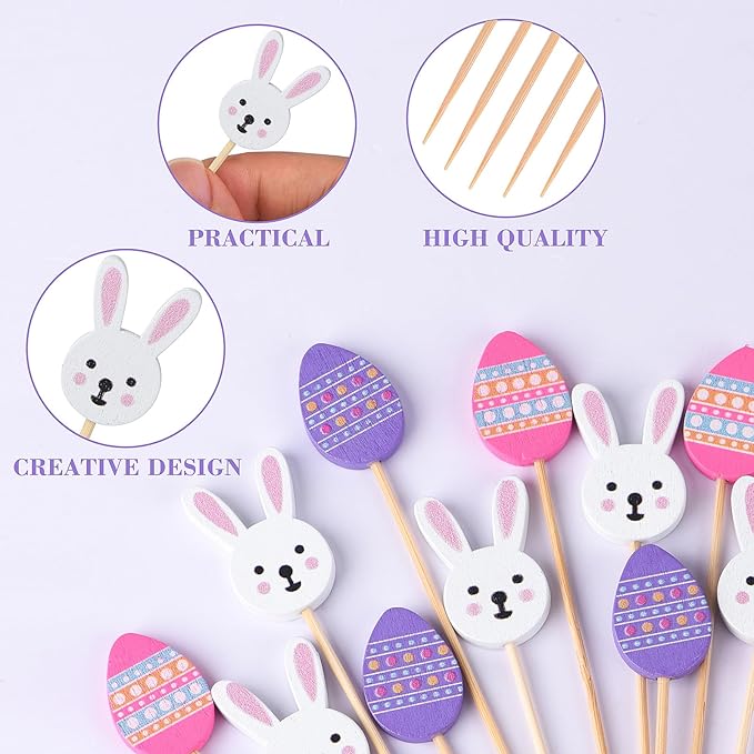 JtmyAota 100 Pack Easter Toothpicks for Appetizers, 4.7 Inch Natural Bamboo Cocktail Picks for Cake Dessert Food Fruit Easter Party Decorations