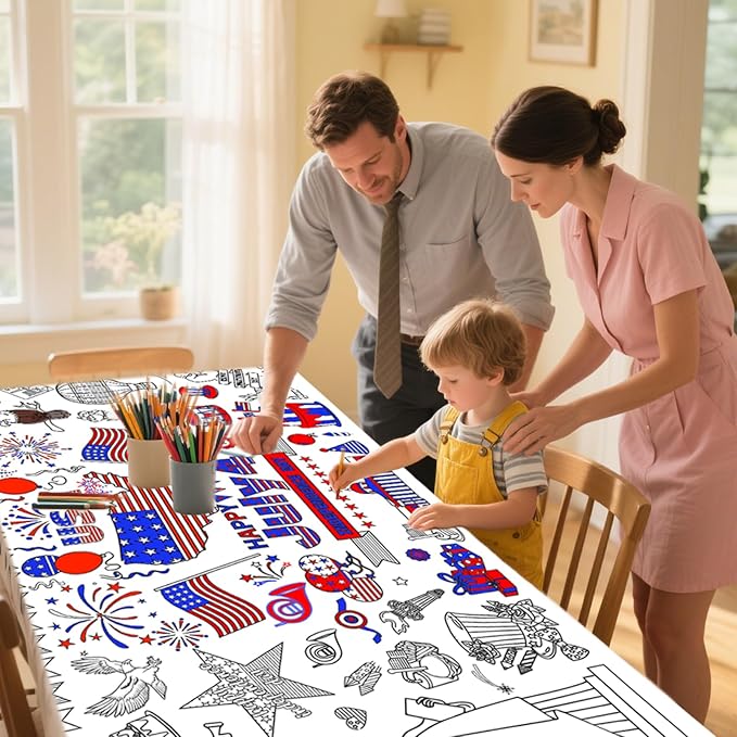 4th of July Coloring Tablecloth Patriotic Giant Poster 30x72 Inch Independence Day Coloring Poster DIY Statue of Liberty American Flag Themed, for School Classroom Wall Home Party Suppiles