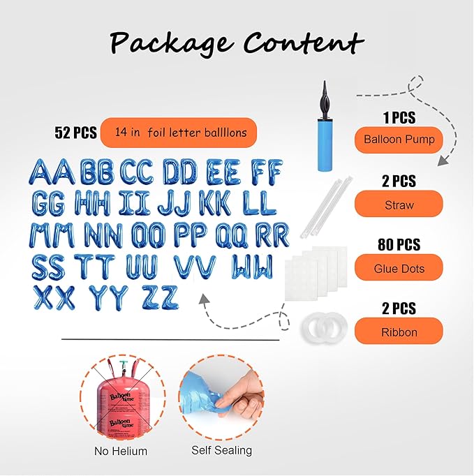 52 pcs Blue Foil Letter Balloons with Air Pump, 16 Inch 2 A-Z Sets - Mylar Alphabet Balloon Kit for Birthday Banner & Party Decorations
