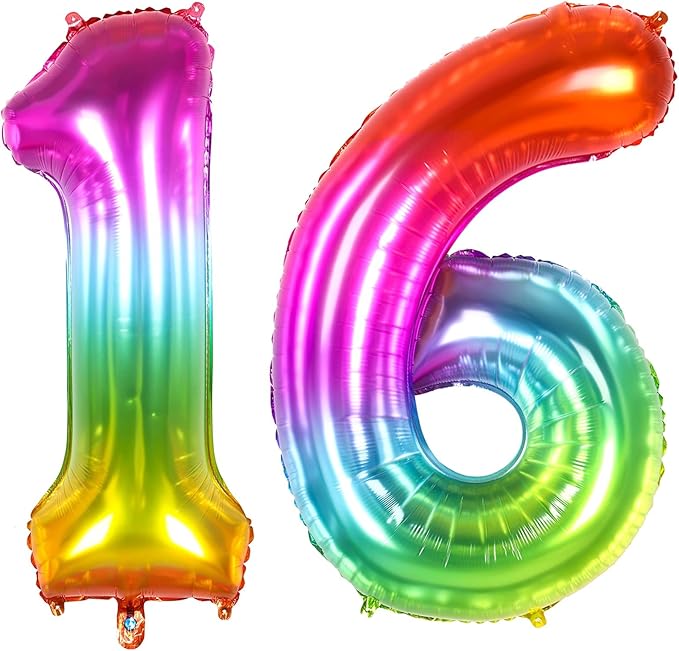 16 Balloon Numbers, Sweet 16 Balloons for 16th Birthday Party Decorations, 40" Multicolor Large Balloons, Large Mylar Rainbow Balloons, Anniversary Decor Jumbo Colorful Foil Balloon