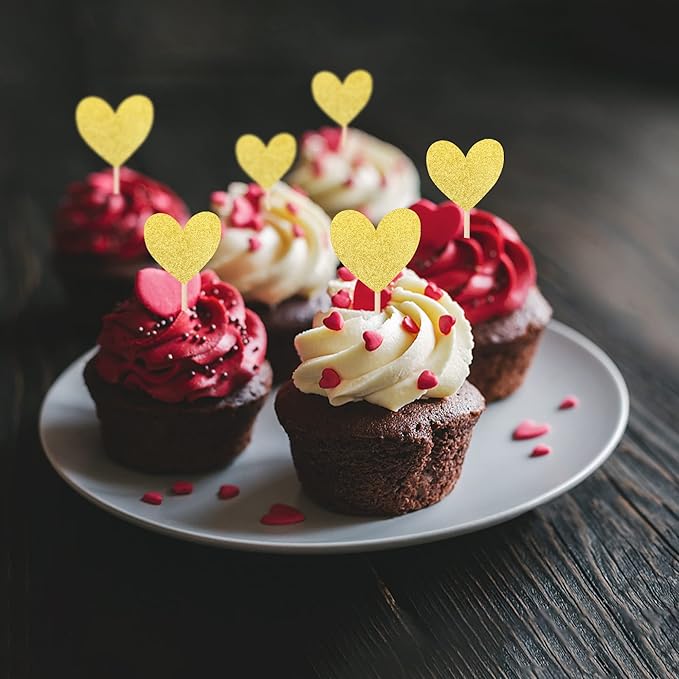 30 PCS Heart Cupcake Toppers Glitter Sweet Love Theme Cupcake Picks Wedding Engagement Bridal Shower Birthday Valentine's Day Party Cake Decorations Supplies Mixed Size Gold