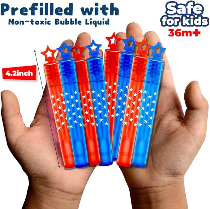 32Pcs 4th of July Mini Bubble Wands Patriotic Red White Blue Bubbles for Kids, Independence Day Party Favors Patriotic Decorations