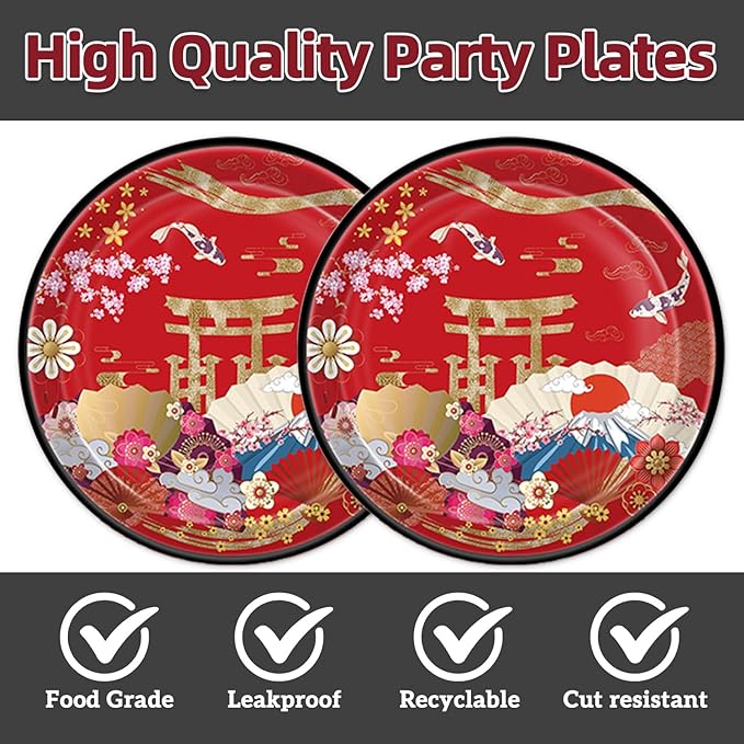 40Pcs Hibachi Birthday Party Plates and Napkins for 20 Guests Tableware Hibachi Supplies Oriental Crane Plum Folding Fans Japanese for Kids Baby Shower Birthday Party Decorations