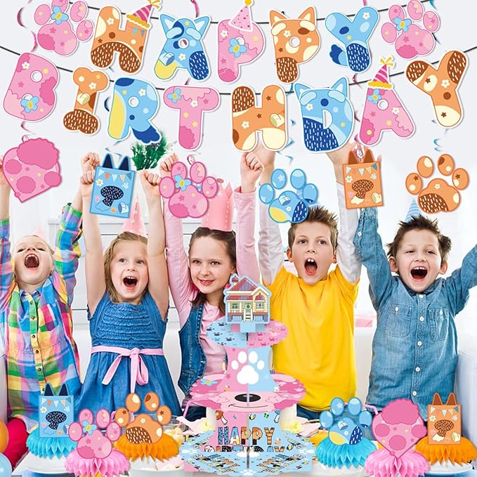 Blue Dog Birthday Decoration Set, Cartoon Animal Happy Birthday Banner, Party Supplies with Banner, Hanging Swirl, Honeycomb