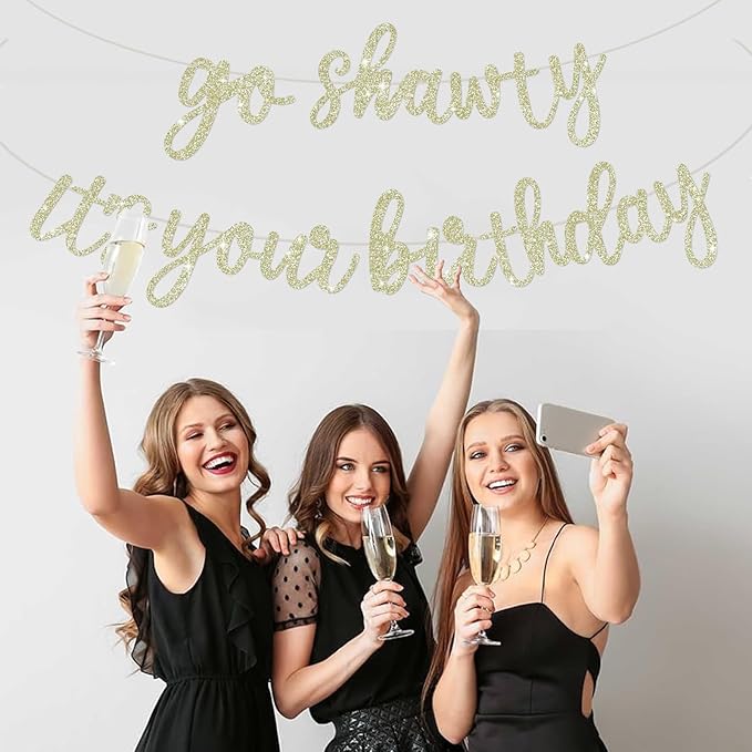 BEISHIDA Light Gold Go Shawty It's Your Birthday Banner - NO DIY - Hip Hop Theme Glitter Happy Birthday Banner - Pre-Strung - Black Rap Theme Happy Birthday Sign for Man Women birthday Party Supply