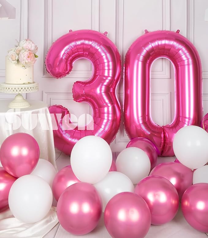 SUWEN 40 Inch Large Hot Pink 30 Balloon Numbers Big Foil Helium Number Balloons 0-9 Jumbo Happy 30th Mylar Birthday Party Decorations for Women Anniversary Party Supplies