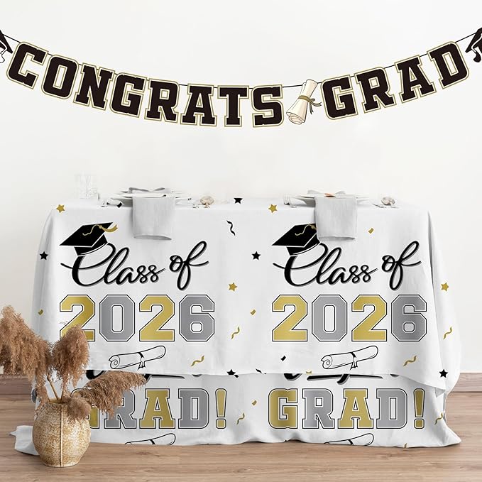 Gatherfun 2026 Graduation Decorations : 2-Pack Congrats Grad Disposable Tablecovers - Class of 2026 White Themed Table Cloths, for Graduation Party Supplies & Graduation Backdrop, 54" X 108"