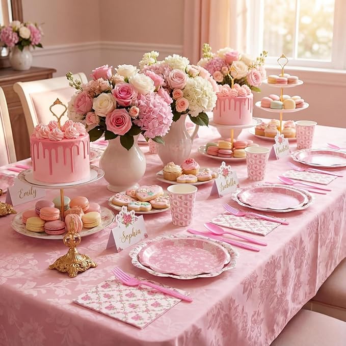 Shellwei 410 Pcs Tea Party Supplies Elegant Floral Paper Plates and Napkins Set Disposable Party Tableware Sets with Cups Knives Forks Spoons Seat Card Favors for 50 Guests