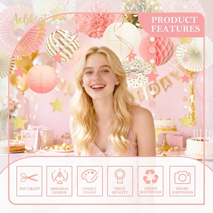AOBKIAT Pink Birthday Party Decorations Kit-Tissue Paper Pom Poms,Lanterns,Fans Flowers,Star Garlands,Streamers for Girls Women Birthday,Wedding,Bachelorette,Bridal Shower,Baby Shower,Princess Party