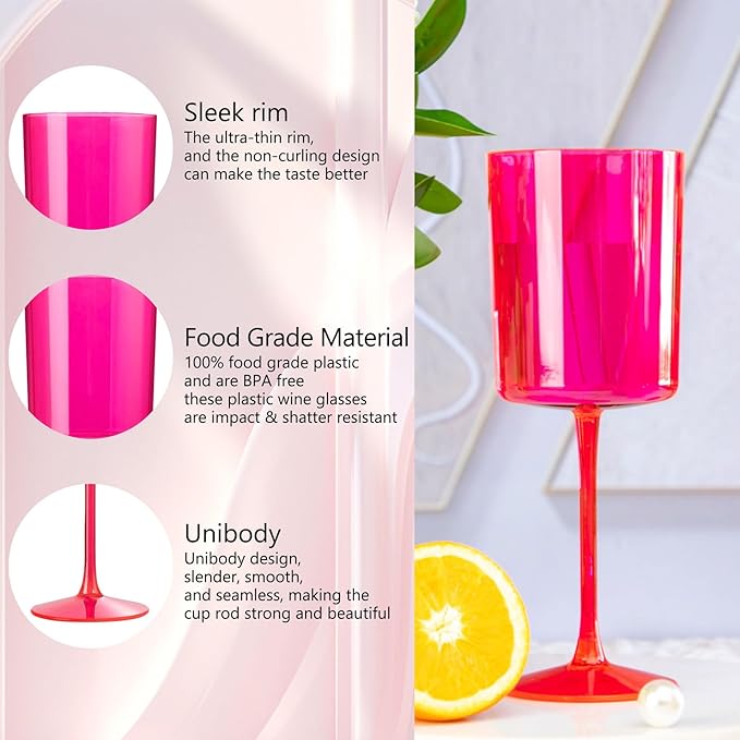 Ciaell 12 Pack Plastic Wine Glasses - 10Oz Hot Pink Plastic Wine Glasses With Stem - Disposable Stemmed Cups for Parties & Weddings & Easter