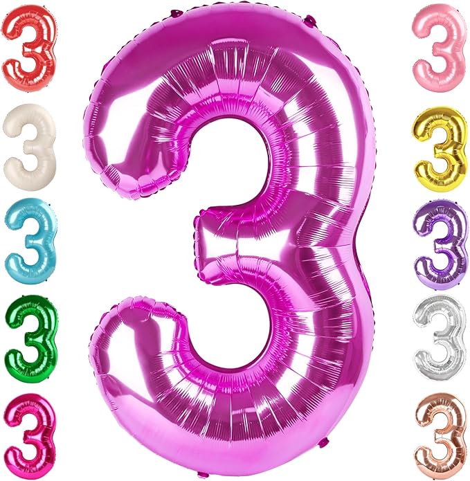 Numbers Balloon 3, 40 Inch Large Rose Purple Balloon for Three Year Old Birthday Decor, 3 13 30 31 Birthday Party Decorations for Wedding Supplies