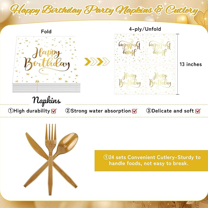White and Gold Happy Birthday Party Plates Set, 168PCS Stars Dots Paper Plates Napkins Cups and Gold Cutlery Set, 24 Set Disposable Tableware Set for Birthday Party Decorations