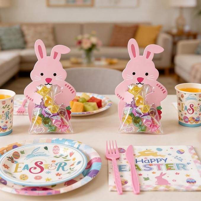 Mostop 80 Pcs Easter Tableware Set Party Supplies for 10 Guests Disposable Paper Plates, Cups, Napkins Forks Set Decorations for Easter Party Spring Holiday Picnics