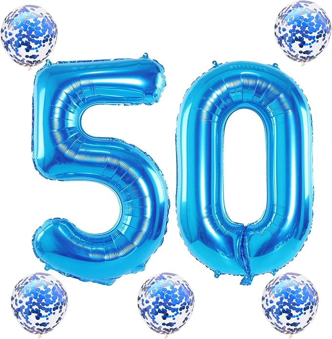 40 Inch Number 50 Foil Balloons Set, Blue 50th Birthday Balloons with Blue Confetti Balloons, Giant Number 5 and 0 Helium Balloons Self Inflating for Men Women 5th Anniversary Party Decorations