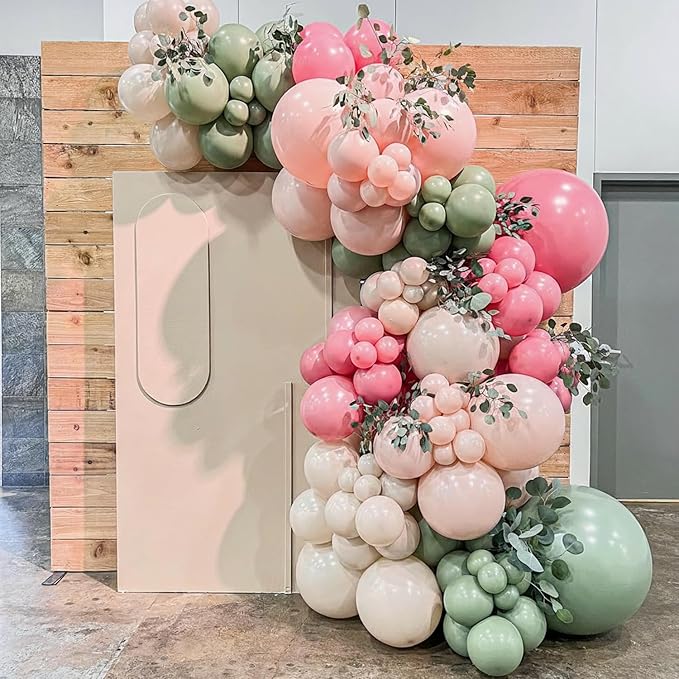 Pink and Green Balloons, 60Pcs 12 Inch Sage Green Pink Sand White Gold Confetti Balloons for Boho Baby Shower Jungle Woodland Floral Fairy Birthday Party Decorations