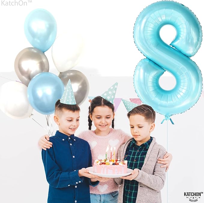 KatchOn, Giant Light Blue Number 8 Balloon - 40 Inch | 8th Birthday Balloons for 8th Birthday Decorations for Girls | Light Blue 8 Balloon | 8 Balloons for Birthday Girl | Light Blue Eight Balloon