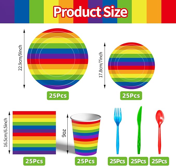 175 Pcs Rainbow Stripes Party Supplies Set - Serves 25, Colorful Disposable Plates, Cups, Napkins, Forks, Spoons, and Knives for LGBTQ+ Pride Month, Rainbow-Themed Birthday, Wedding Decorations