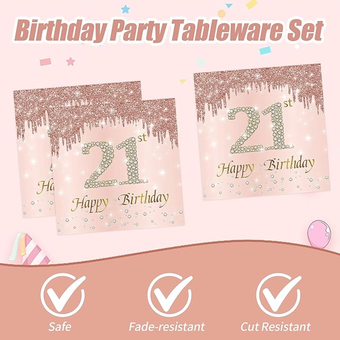 21st Rose Gold Birthday Plates and Napkins, 9 Inch Pink Rose Gold Disposable Dinner Dessert Plates Happy 21th Birthday Party Supplies Decorations for Girls Women