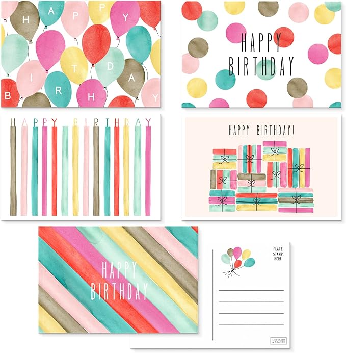 Sweetzer & Orange Happy Birthday Postcards Pack (60 Post Cards) 4x6”decor pages for Kids and Adults. 300gsm Note Sheets. party flyers Assortment Greeting flyers, Blank Birthday decor sheets