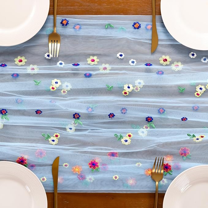 Socomi Blue Embroidery Daisy Spring Easter Floral Wildflower Tulle Gauze CheeseclothTable Runners for Wedding Party Baby Shower Birthday Holiday Picnic Home Decor 1pc