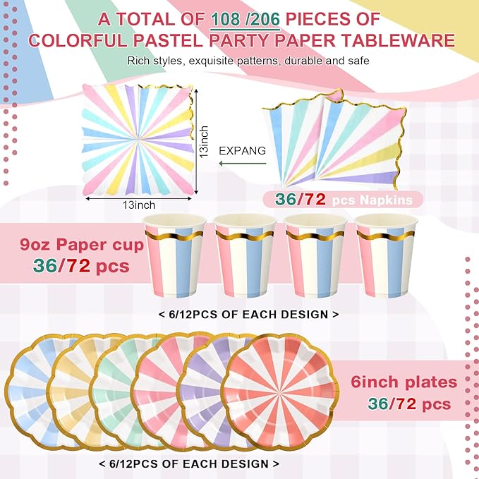 Yungyan 108 Pcs 36 Guest Pastel Party Plates and Napkins Gold Foil Scalloped Edge 6" Paper Dessert Plates and Striped Pastel 9 oz Cup Disposable Tableware Set for Birthday Wedding Baby Shower Supplies