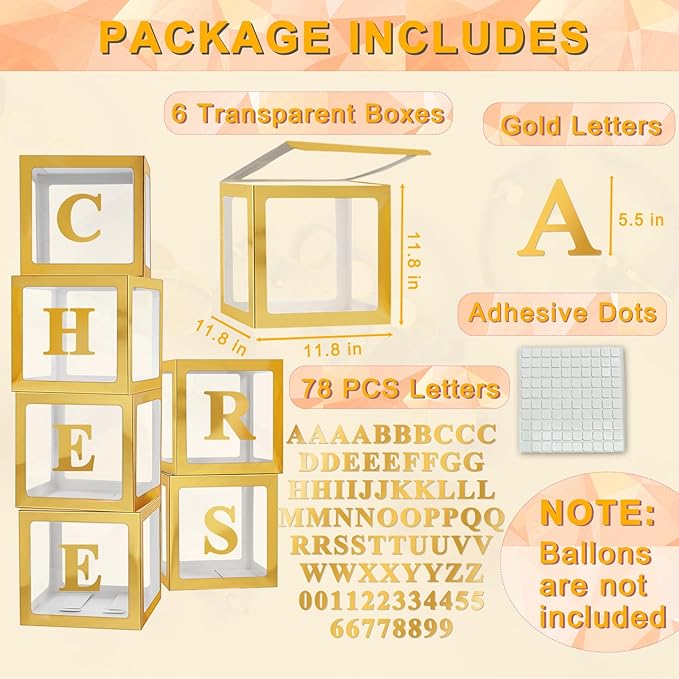 Ledido Gold Transparent Balloon Boxes With 78 Letters & Numbers, Baby Boxes with Letters for Baby Shower Clear Letter Boxes for Party Graduation Wedding Birthday Baby Shower Decorations 6 PCS