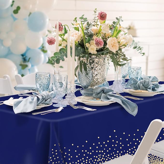 2 Pcs Navy Blue and Gold Plastic Tablecloth for Rectangle Table, 54 × 108 inches Disposable Gold Dot Dark Blue Party Table Covers for Anniversary, Wedding, Fine Dining, Graduation Party Decoration