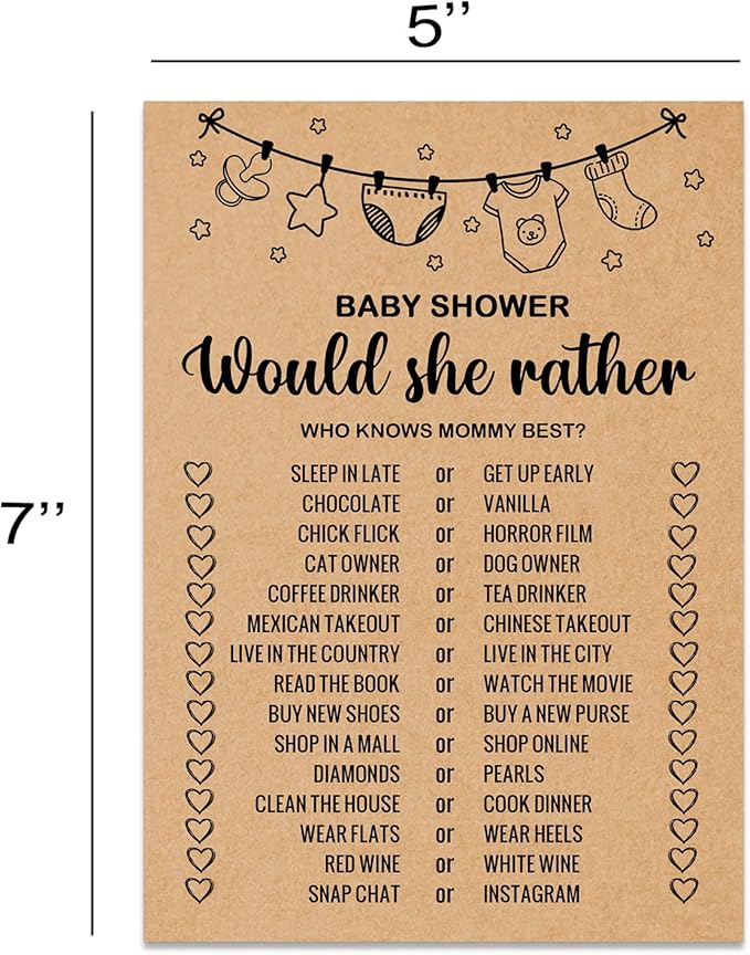 Baby Shower Game Cards, Would She Rather Baby Shower Games Ideas, Set of 30 Cards, Rustic Bridal Wedding Showers or Bachelorette Party Game, Kraft