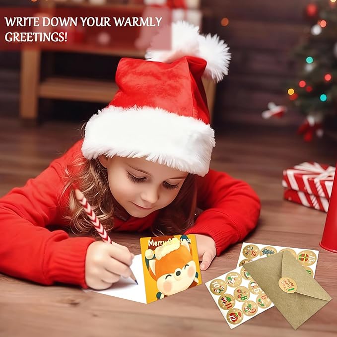 12 Pcs Christmas card with Envelopes & 24 Pcs Sticker,Cartoon categories holiday cuteness multiple loose cards with envelopes and written blessing messages, can be given to friends, family, children, boys and girls (Green)