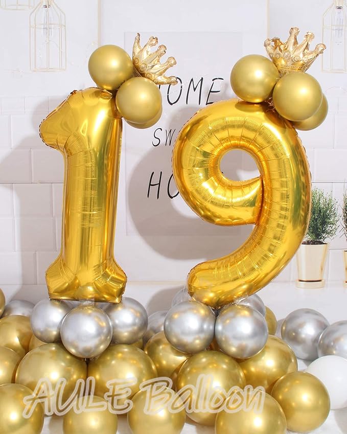 AULE 40 Inch Large 19 Number Balloons Gold, Big Foil Number Balloons, Giant Helium Happy 19th Birthday Party Decorations for Boy and Girl, Huge Mylar 91 Anniversary Party Supplies