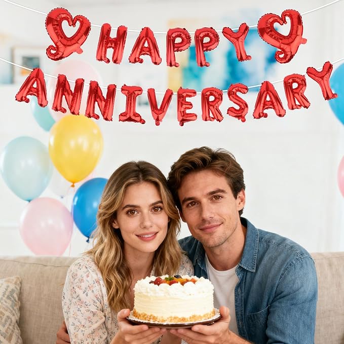 Happy Anniversary Balloon Banner, Red Foil Letter Balloons Sign with Heart Romantic Hanging Decoration for Women Men Couples Lovers Partners Wedding Ceremony Anniversary Party Supplies Gift