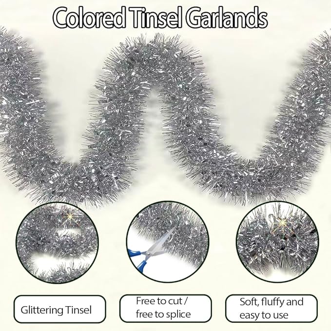 33Ft Christmas Tinsel Garland Shiny Thick Tinsel Xmas Tree Decor Metallic Twist Foil Garland for New Year Parties Birthday Party Thanksgiving Day Parade Floats Indoor Outdoor Supplies - Silver