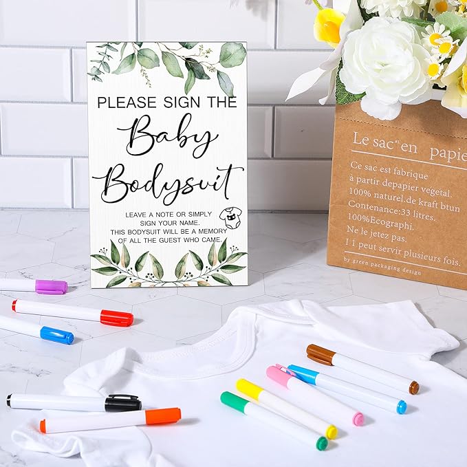 Qunclay 12 Pcs Baby Shower Game Decor with White Unisex Bodysuit Wooden Sign Tabletop Decor and Marker for Guests(Greenery)