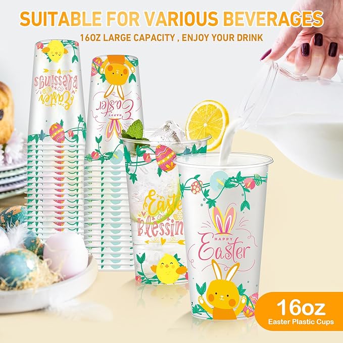 50Pcs Easter Disposable Plastic Cups 16 oz Happy Easter Clear Cups with Cute Bunny Colorful Eggs and Chick Spring Drinking Cups, Party Cups Coffee Hot and Cold Drinks Spring Party Decorations